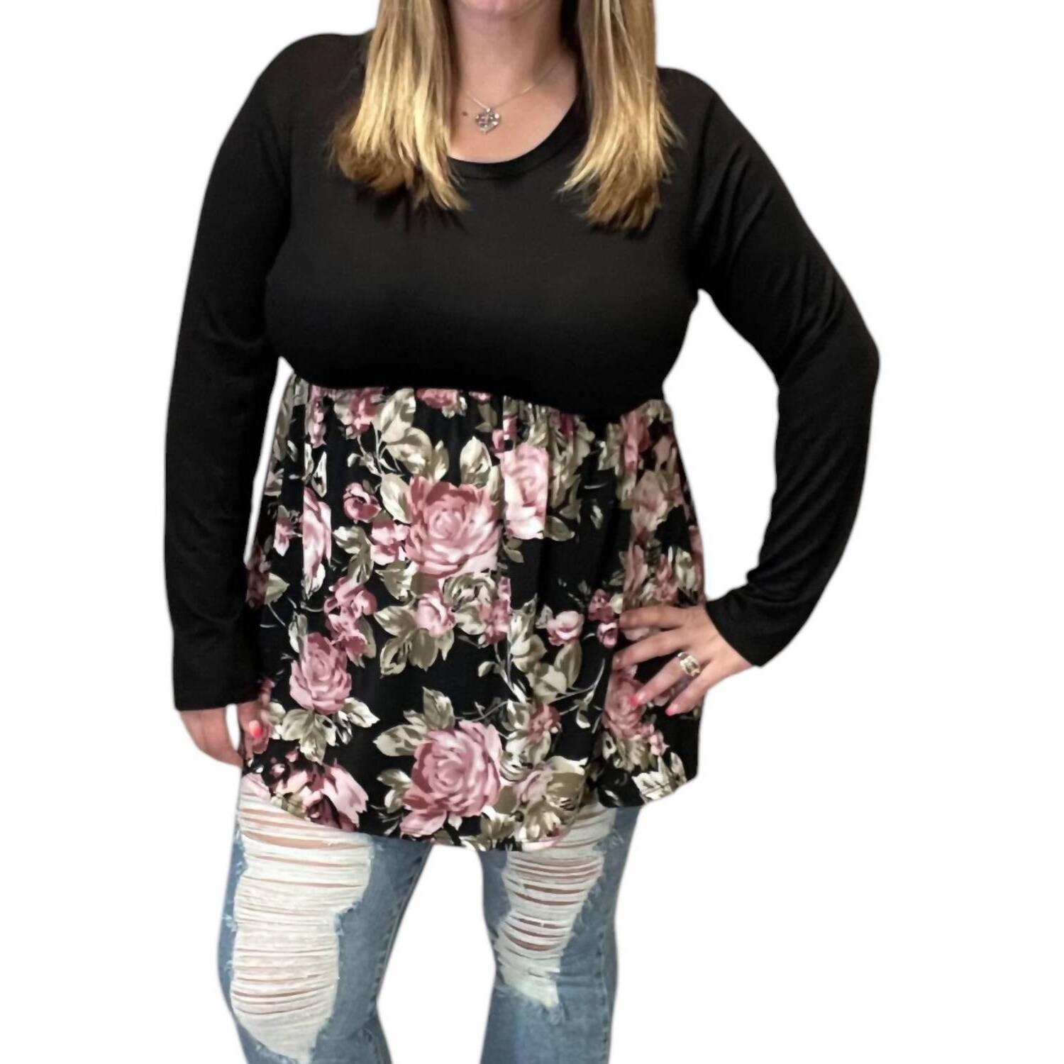 New Heimish Usa Rose Floral Babydoll Top In Black